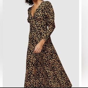 TOPSHOP V-Neck Floral Textured Midi Dress Long Sleeve Sun Dress Slits Puff NWT